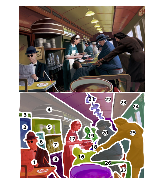 A painted diner scene and its segmentation into numbered regions